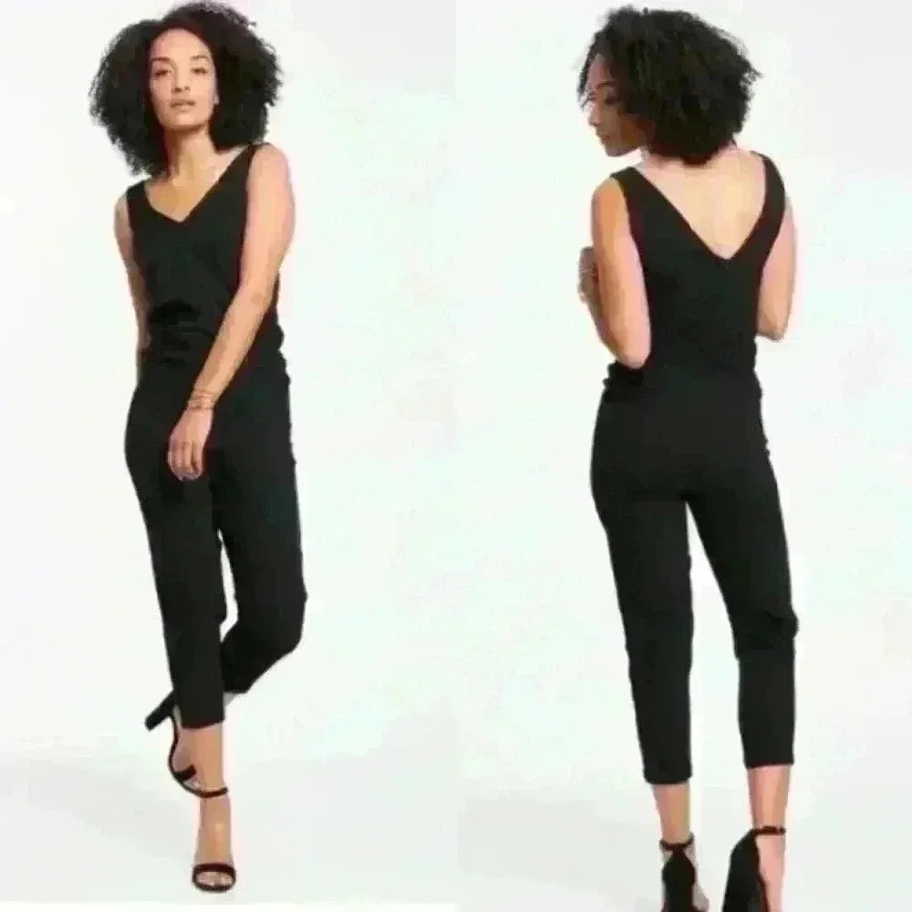 Marine Layer Alexa Crepe Jumpsuit Medium Cropped Black V-Neck